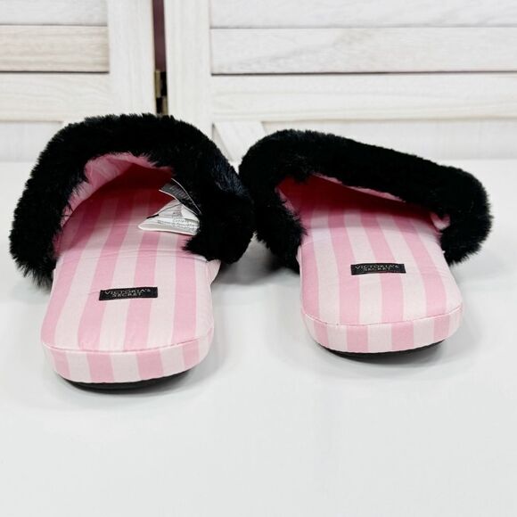 Victoria’s Secret Faux Fur Trim Striped Slippers Pink Black Large - Picture 4 of 11